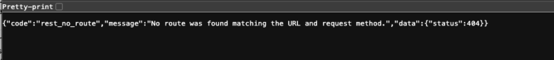 A screen shot of an error message that starts with code rest_no_route Message No route was found matching the URL and request method data status 404.